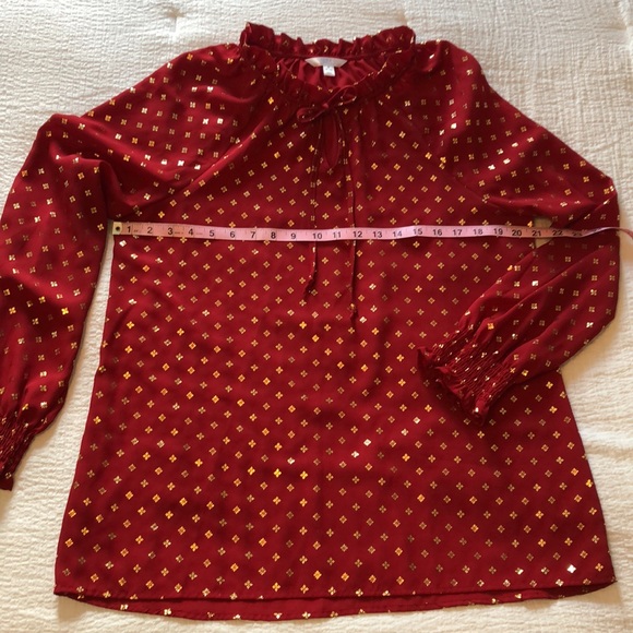 Time and Tru Red & Gold Dress Blouse w/ Ruched collar and Smocked Sleeve Cuffs - Picture 8 of 13